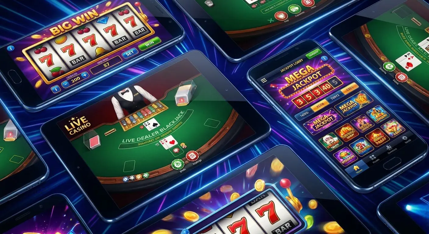 Collage of Android game screens with slots, live tables and jackpot lobby