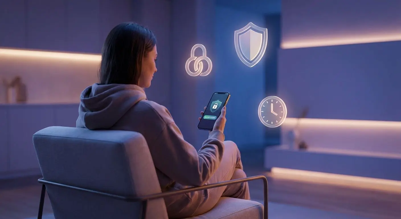 User with Android phone and safety icons representing secure and responsible mobile play