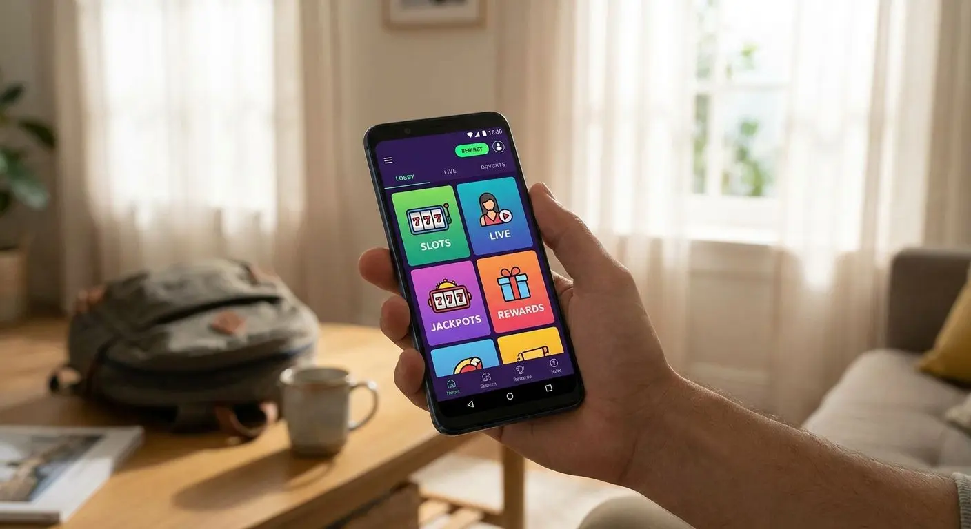 Hand holding Android phone with PlayOJO-style app lobby and game categories