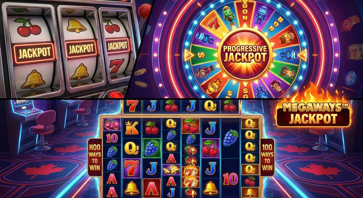 Collage of classic, video, and high-variance jackpot slot styles