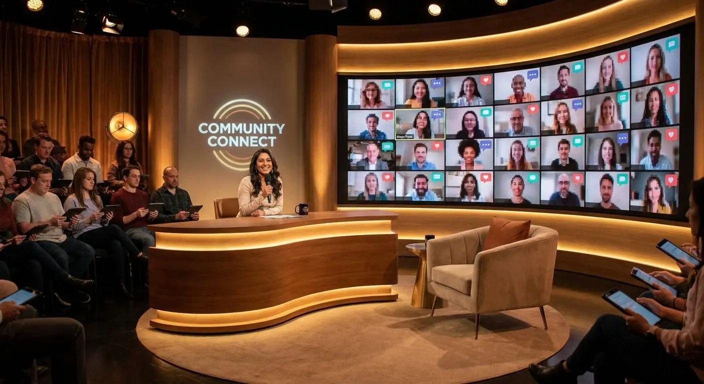 Live host scene with community feel and social media themed visuals