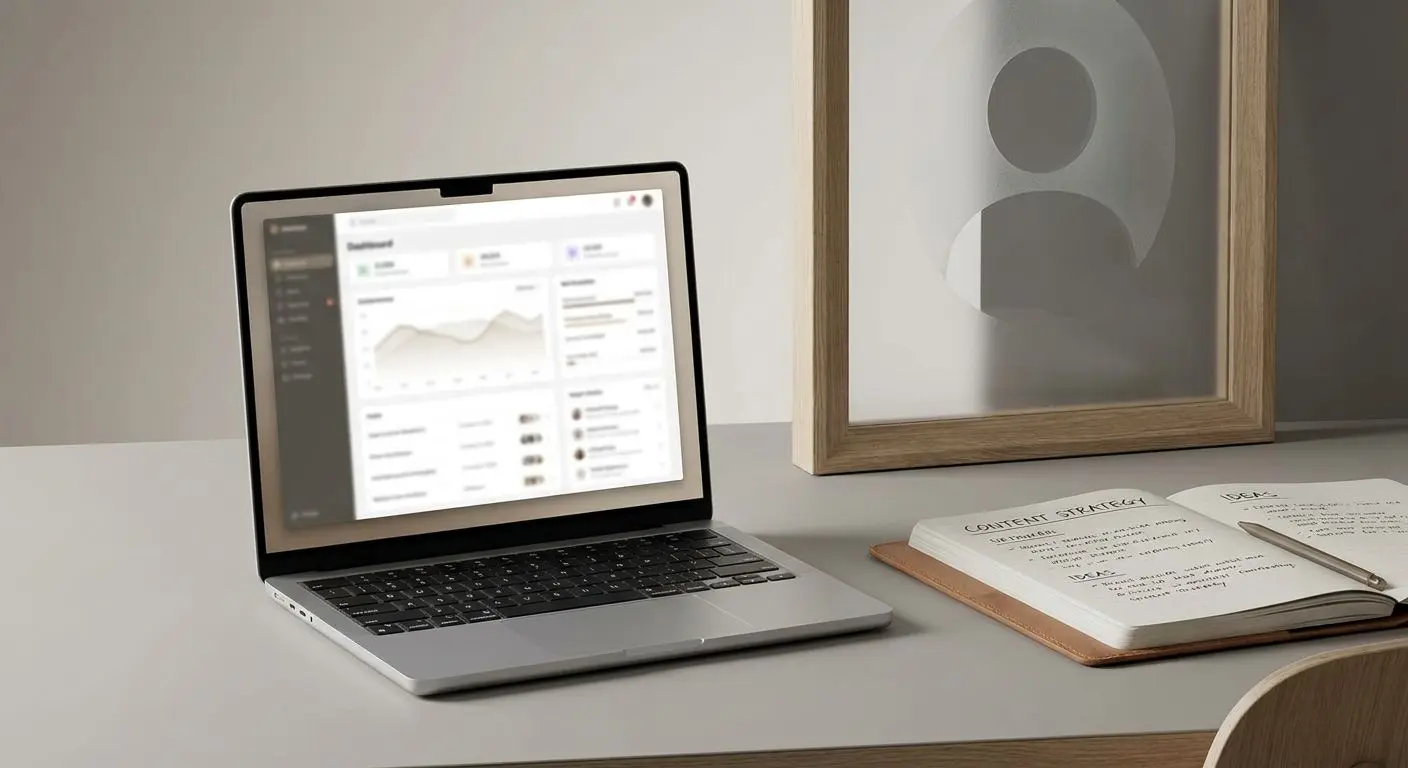 Professional author profile visual with workspace and abstract avatar