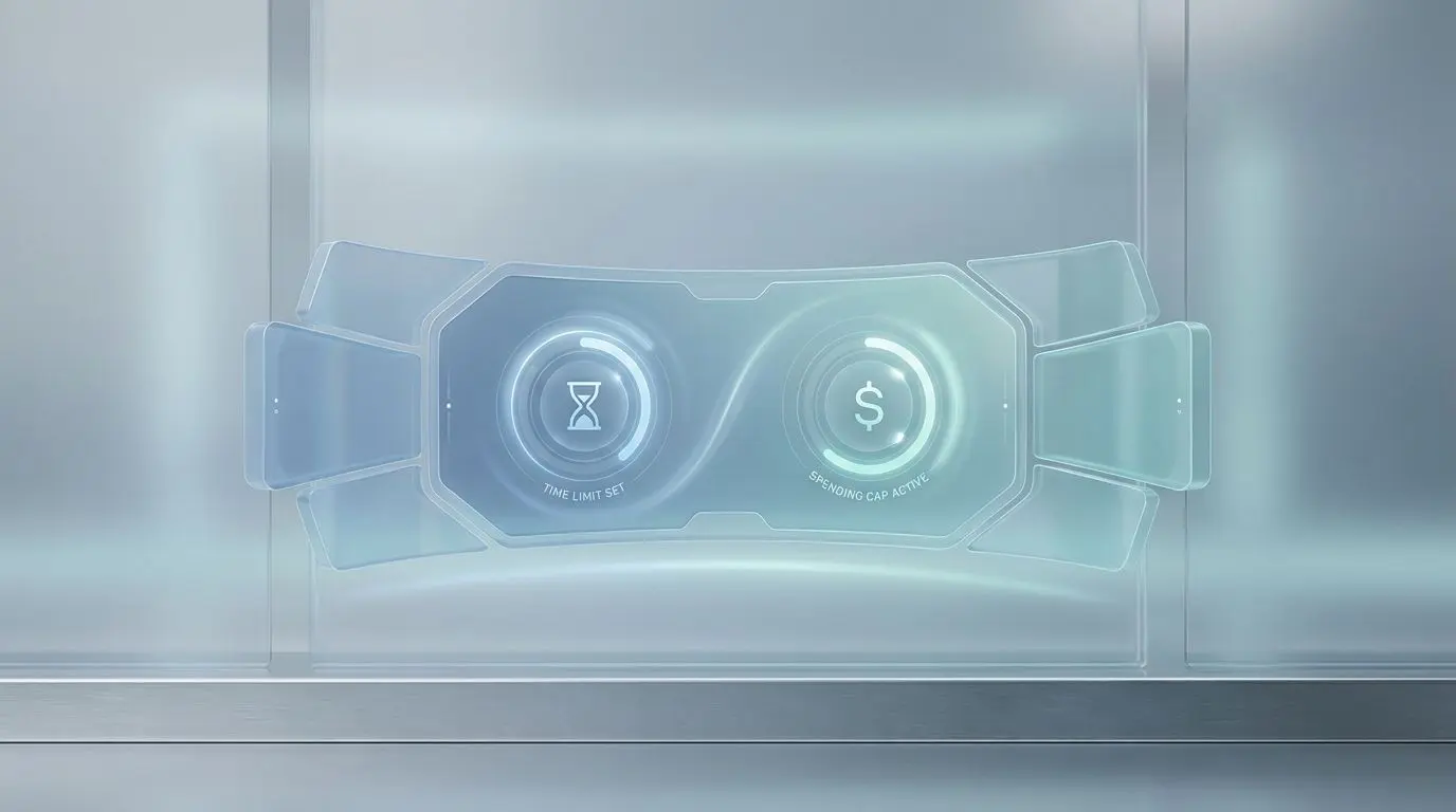 Responsible play dashboard with balance and time control symbols