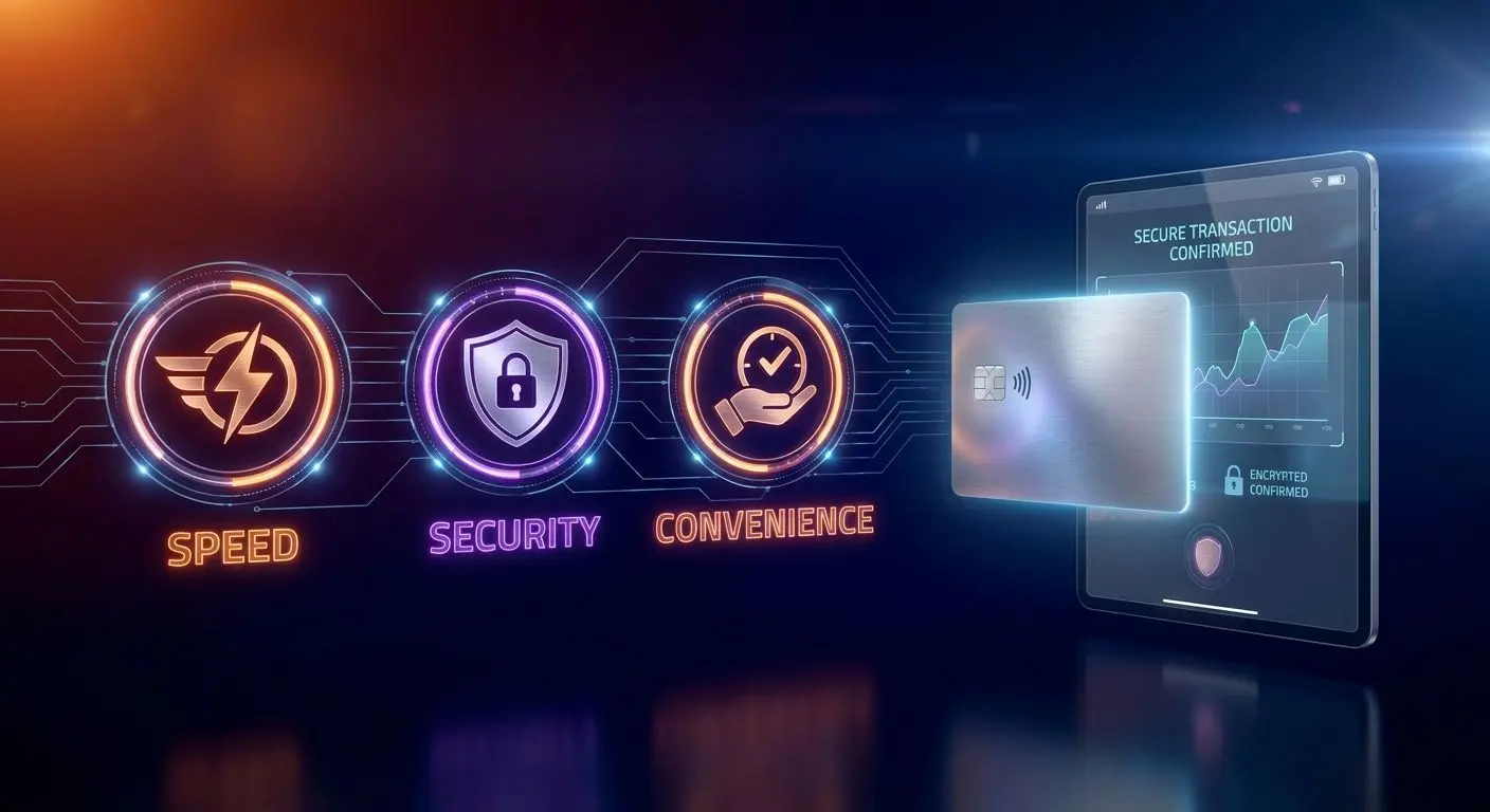 Icons showing speed security and convenience for card payments