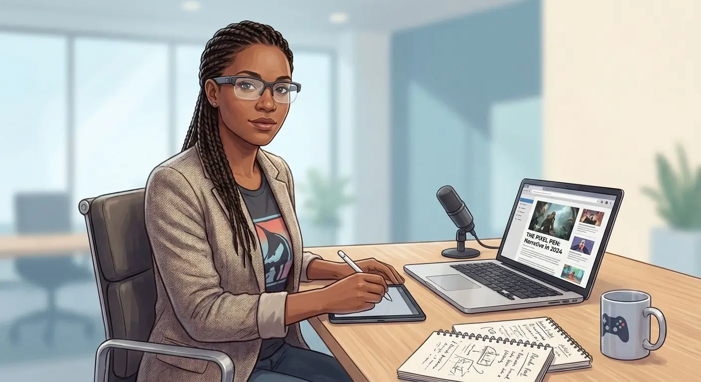 Illustrated avatar of a gaming writer in a modern workspace