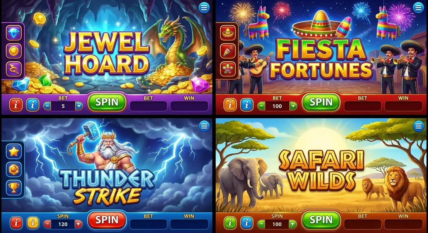 Collage of different Megaways-style game themes including treasure, fiesta, mythology, and wildlife