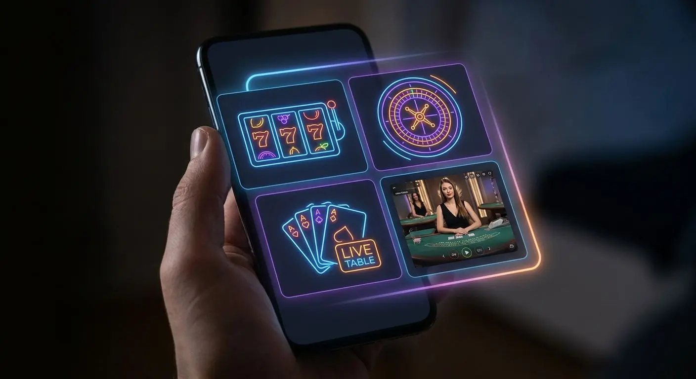 Mobile screen with icons for slots, roulette, cards, and live games