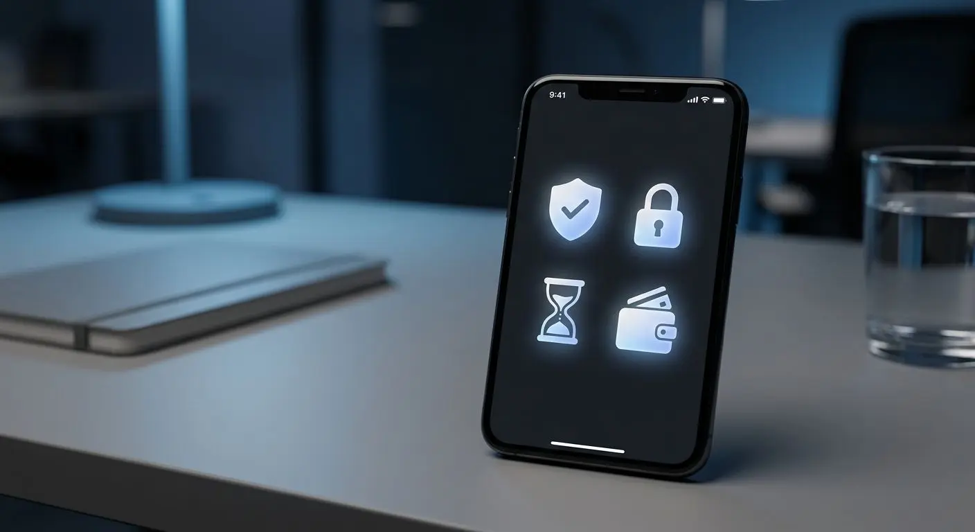 Smartphone with security, timer, and budget control symbols