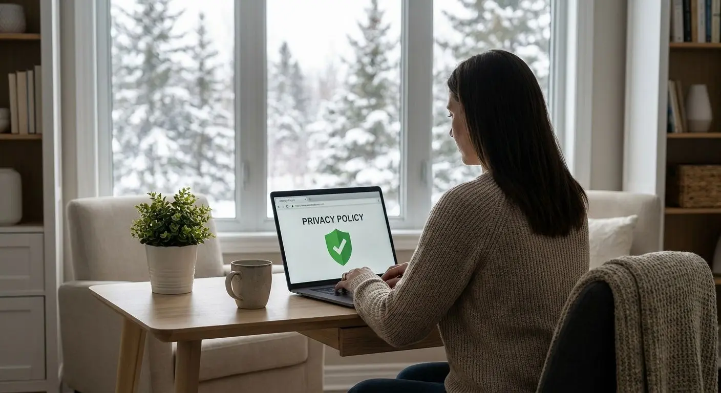Visitor reading a privacy policy on a laptop in a secure browsing setting