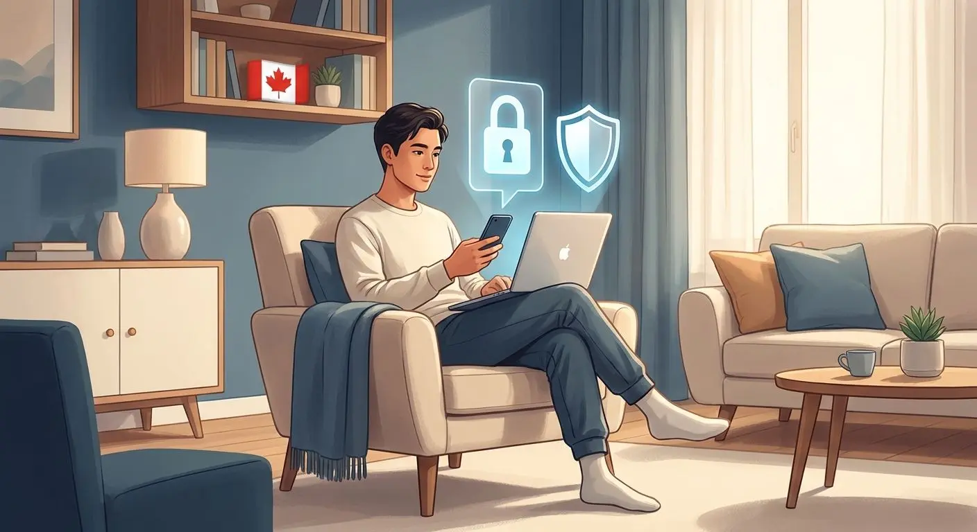 Canadian online safety concept with laptop smartphone and lock icon