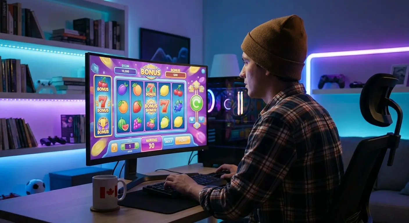 Canadian player viewing colourful free slot-style games on screen