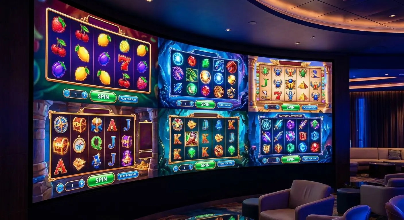 Collage of themed free slot-style games including fruits, dragons and treasure