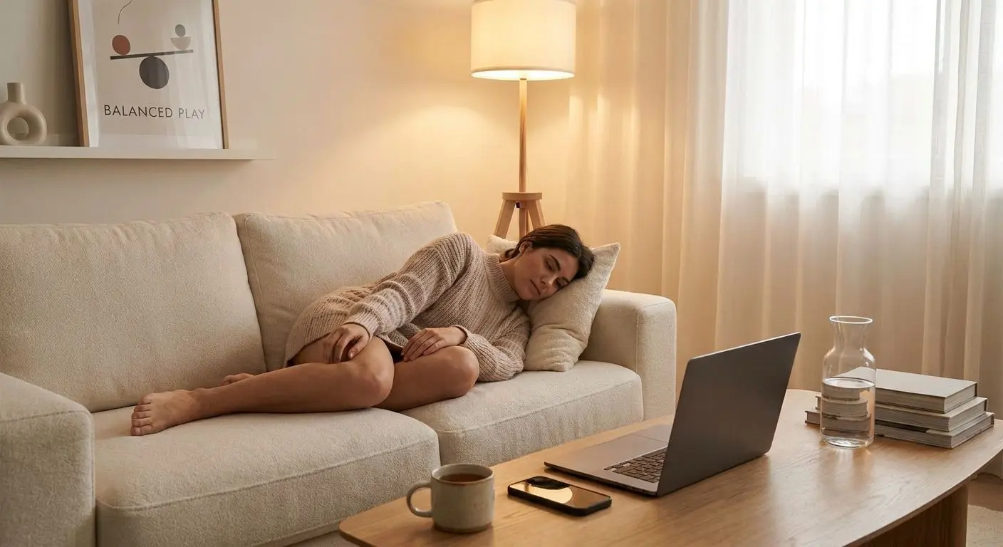 Player taking a calm break from free slot-style games in a cozy room