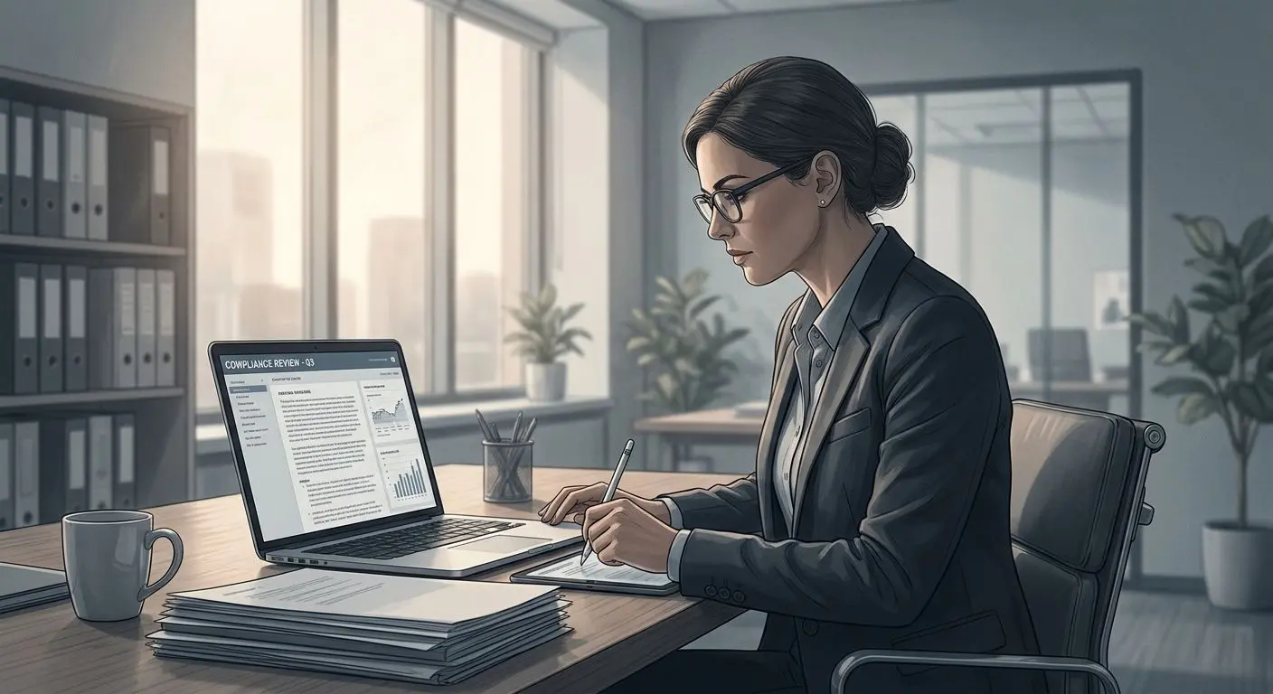 Illustration of an iGaming content analyst reviewing terms documents